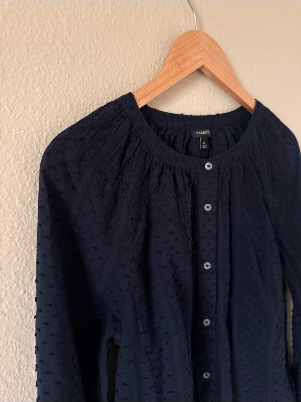 Talbots Navy Button-Front Textured Top - Picture 3 of 7